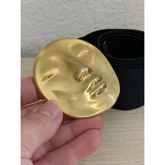 Vintage Gold Face Buckle Elastic Waist Belt Black Wide Surrealist Statement  M/L - Picture 2 of 6
